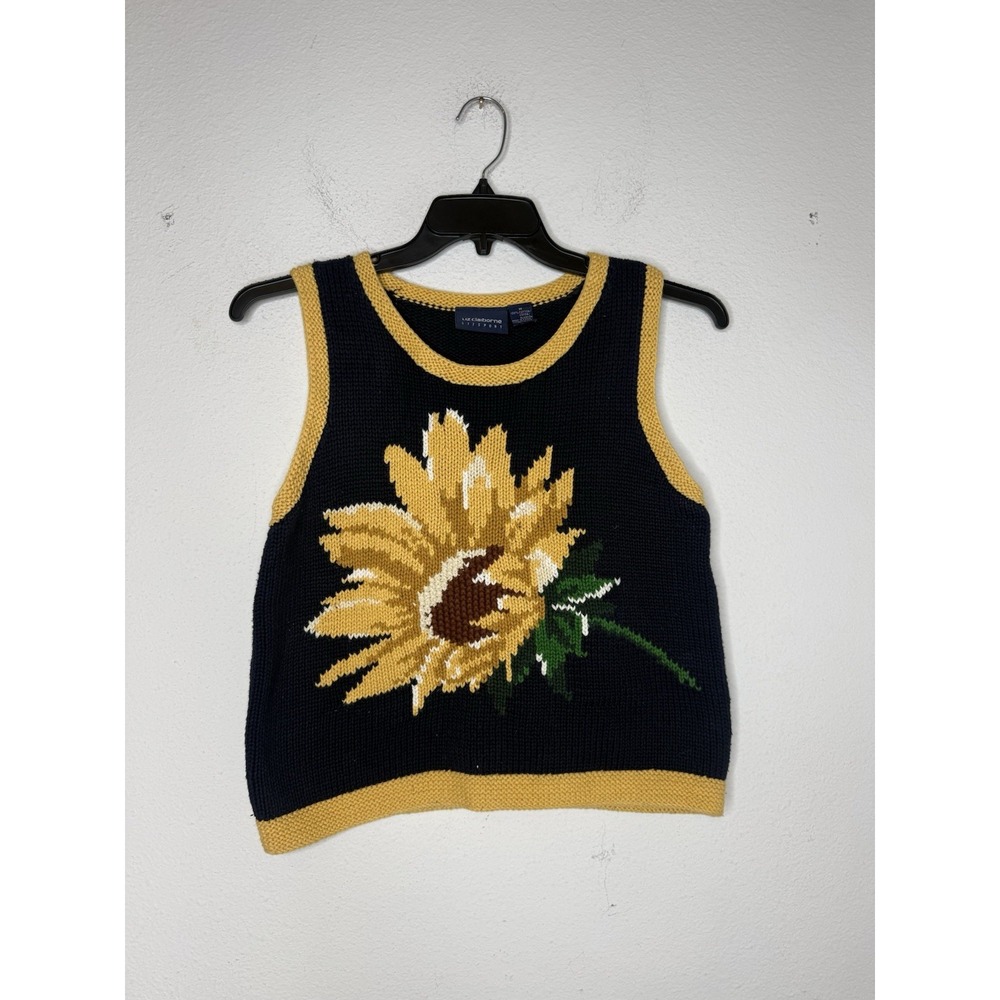 Vintage 90s Liz Claiborne Liz Sport Sunflower Sweater Vest M Cottagecore Floral - Picture 2 of 7
